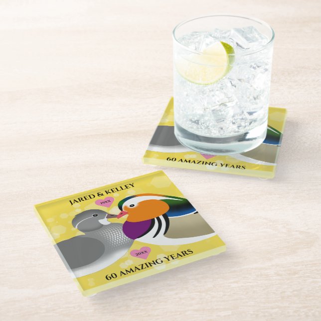 Mandarin Ducks Lovebirds Any Anniversary Year Glass Coaster (Angled)