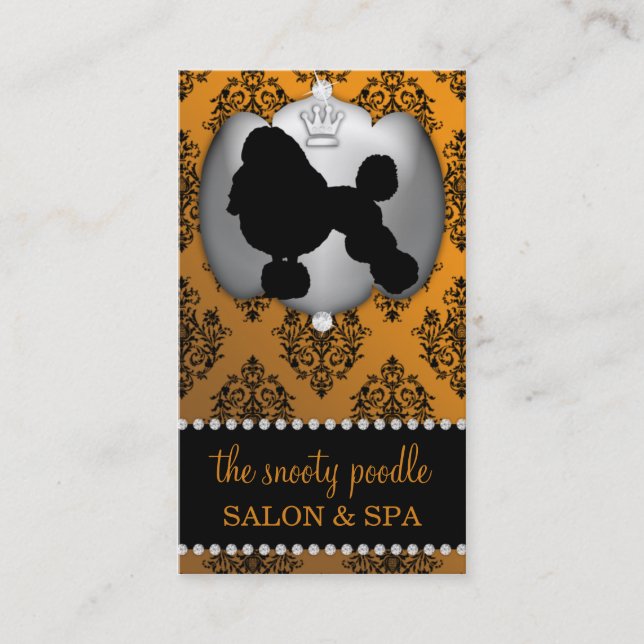 Mandarin Orange Jewelled Damask Dog Grooming/Spa Business Card (Front)