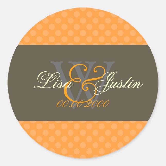 Mandarin Orange Polka Dots monogram/DIY colour Classic Round Sticker (Front)
