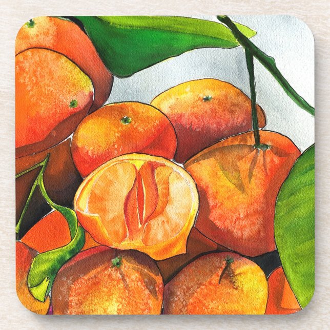 Mandarin orange watercolor fruit art coaster (Front)