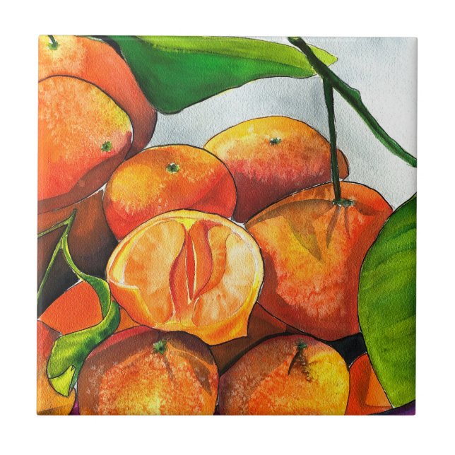 Mandarin orange watercolor fruit art tile (Front)
