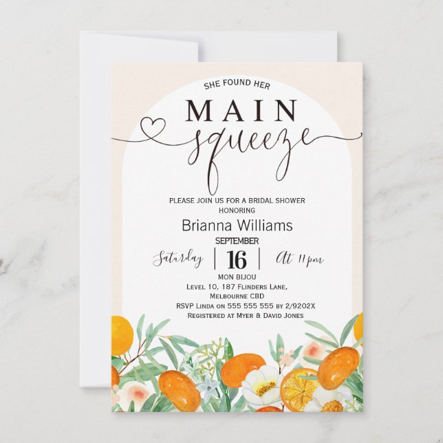 Mandarine Floral Arch Main Squeeze Bridal Shower Invitation (Front)