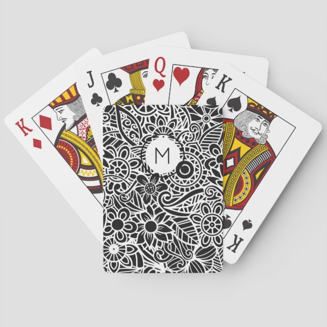 Mandela Floral Monogram INITIAL Black White  Playing Cards (Back)