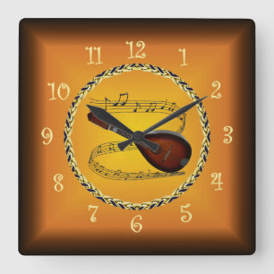 Mandolin 01 On Musical Scroll & Russet Orange ~  Square Wall Clock