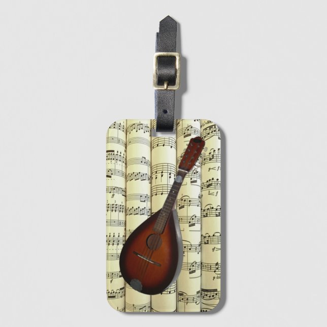 Mandolin 01 On Rolled Sheet Music ~  Luggage Tag (Front Vertical)