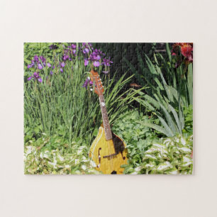 Mandolin And Irises Flower Garden Jigsaw Puzzle