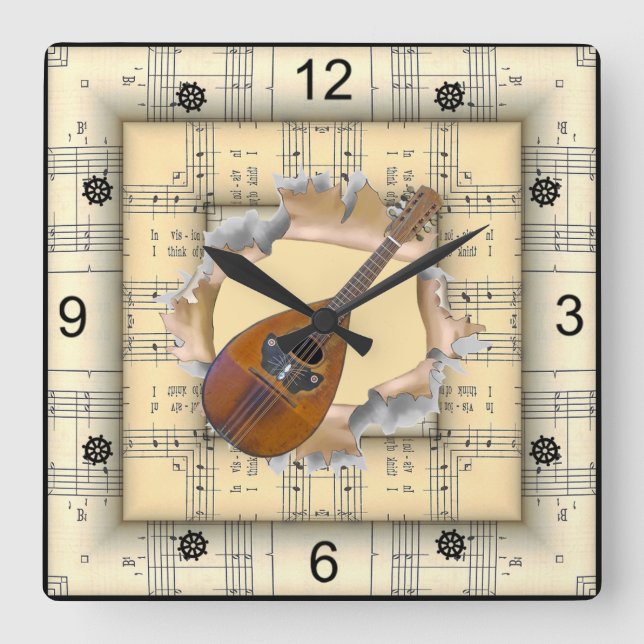 Mandolin ~ Breaking Through Strange Sheet Music ~  Square Wall Clock (Front)