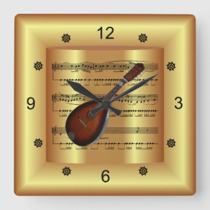 Mandolin ~ Curved Sheet Music ~ Gold Background ~  Square Wall Clock