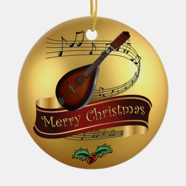 Mandolin ~ Musical Scroll ~ Gold Merry Christmas ~ Ceramic Tree Decoration (Front)