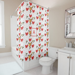 Mandolin Red Bows Holly Leaves Berries Pattern Shower Curtain