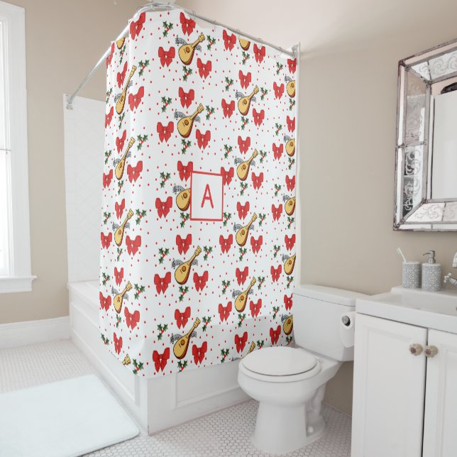Mandolin Red Bows Holly Leaves Berries Pattern Shower Curtain (In Situ)