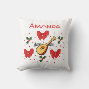Mandolin Red Bows Holly Leaves Pattern Customise  Cushion