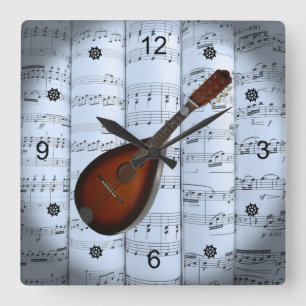 Mandolin~Rolled Sheet Music~Blue Tint Background ~ Square Wall Clock