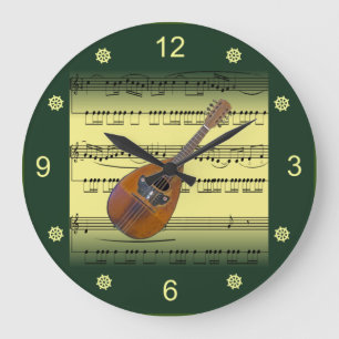 Mandolin~Rolled Sheet Music~Gold/Green Background~ Large Clock