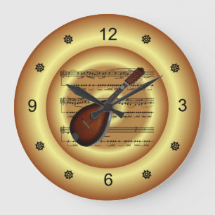 Mandolin ~ Sheet Music ~ Gold Background ~ Large Clock