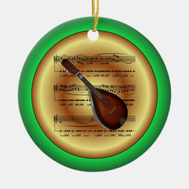Mandolin~Sheet Music~Red/Green/Gold~Christmas~ Ceramic Tree Decoration (Front)