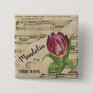 Mandolin Tulip Vintage Sheet Music Customised 15 Cm Square Badge