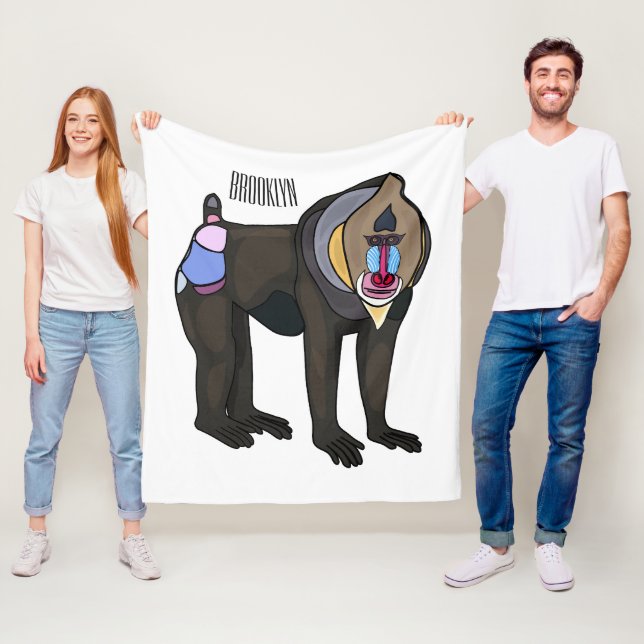 Mandrill cartoon illustration fleece blanket (In Situ)