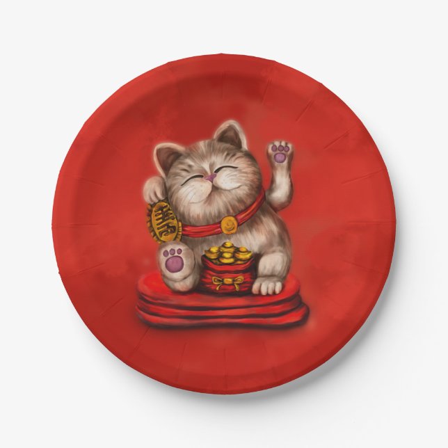 Maneki-neko Beckoning cat on red Paper Plate (Front)