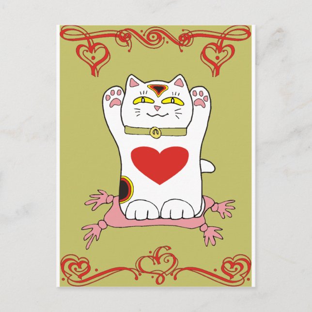 Maneki Neko Calico Cat with Hearts Postcard (Front)