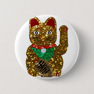 maneki neko cat 6 cm round badge