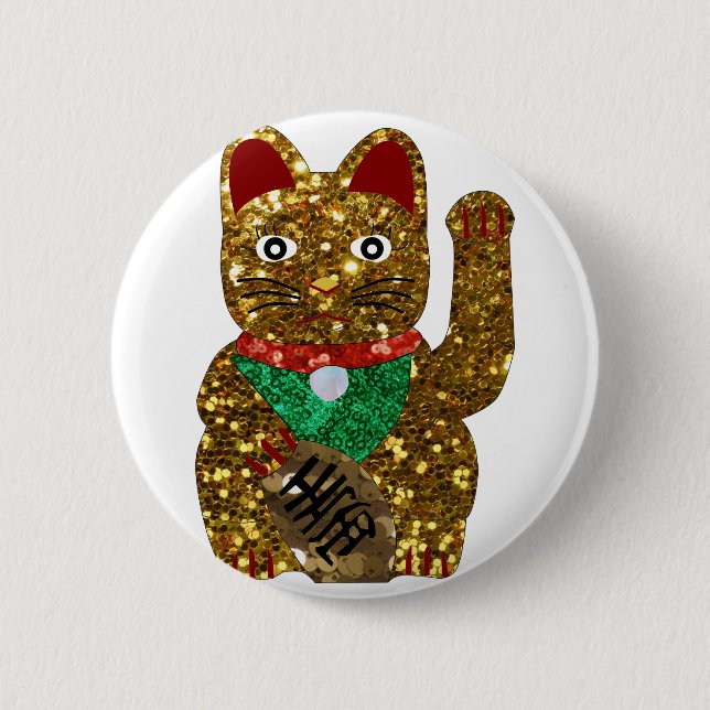 maneki neko cat 6 cm round badge (Front)