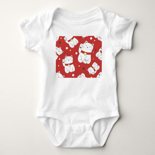 Maneki-Neko cat, Japanese doodle pattern. Baby Bodysuit (Front)