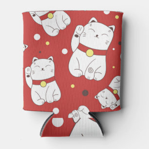 Maneki-Neko cat, Japanese doodle pattern. Can Cooler