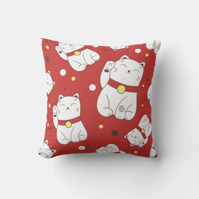 Maneki-Neko cat, Japanese doodle pattern. Cushion (Front)
