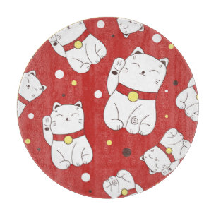 Maneki-Neko cat, Japanese doodle pattern. Cutting Board
