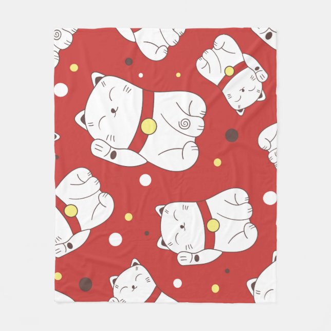 Maneki-Neko cat, Japanese doodle pattern. Fleece Blanket (Front)