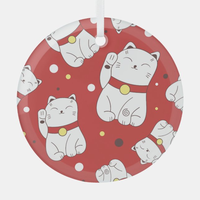 Maneki-Neko cat, Japanese doodle pattern. Glass Tree Decoration (Front)