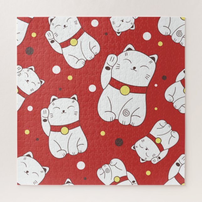 Maneki-Neko cat, Japanese doodle pattern. Jigsaw Puzzle (Vertical)