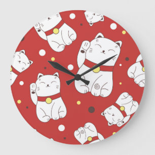 Maneki-Neko cat, Japanese doodle pattern. Large Clock