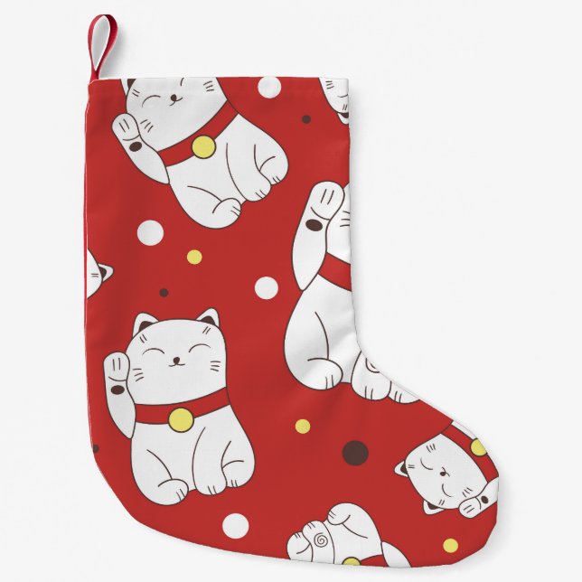 Maneki-Neko cat, Japanese doodle pattern. Small Christmas Stocking (Front)