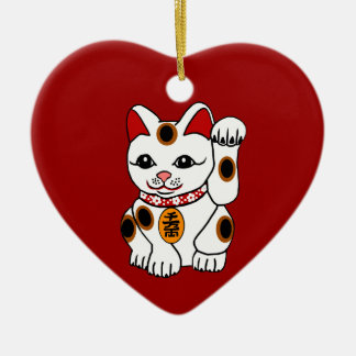 Maneki Neko Cat on Red Background Ceramic Tree Decoration
