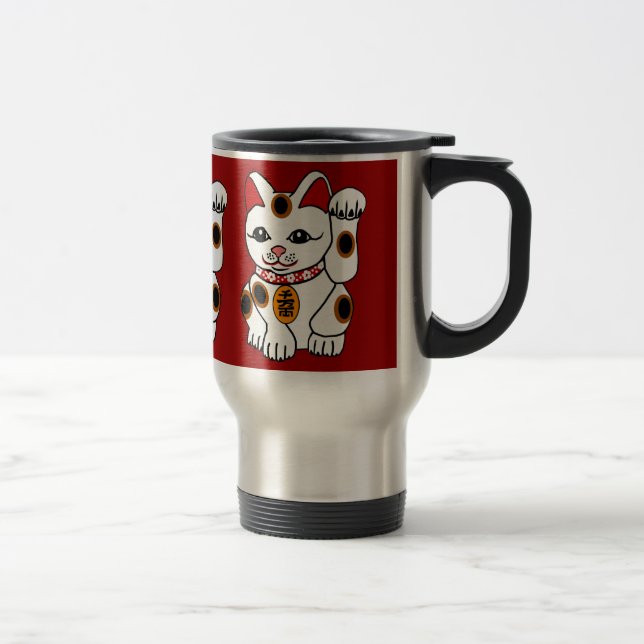 Maneki Neko Cat on Red Background Travel Mug (Right)