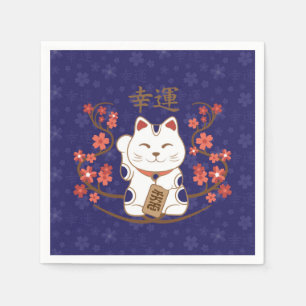 Maneki-neko cat with good luck kanji napkin