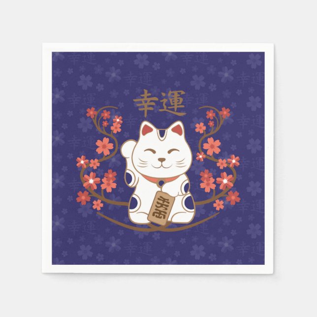 Maneki-neko cat with good luck kanji napkin (Front)