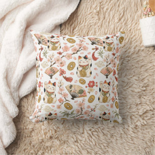 Maneki Neko Garden Japanese Lucky Cat Cushion
