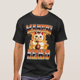 Maneki Neko Japanese Cat Lucky Flames 90s Bootleg T-Shirt