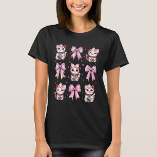 Maneki Neko Japanese Cat Lucky Girl Coquette Bow P T-Shirt