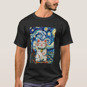 Maneki Neko Japanese Cat Lucky Starry Night Painti T-Shirt