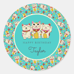Maneki Neko Japanese Good Luck Cats Birthday Classic Round Sticker