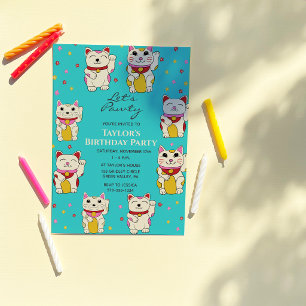 Maneki Neko Japanese Good Luck Cats Birthday Invitation