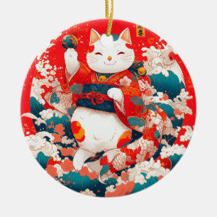 Maneki-Neko, Japanese Lucky Cat Ceramic Tree Decoration