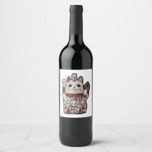 Maneki Neko Japanese Lucky Cat Luck porte bonheur  Wine Label