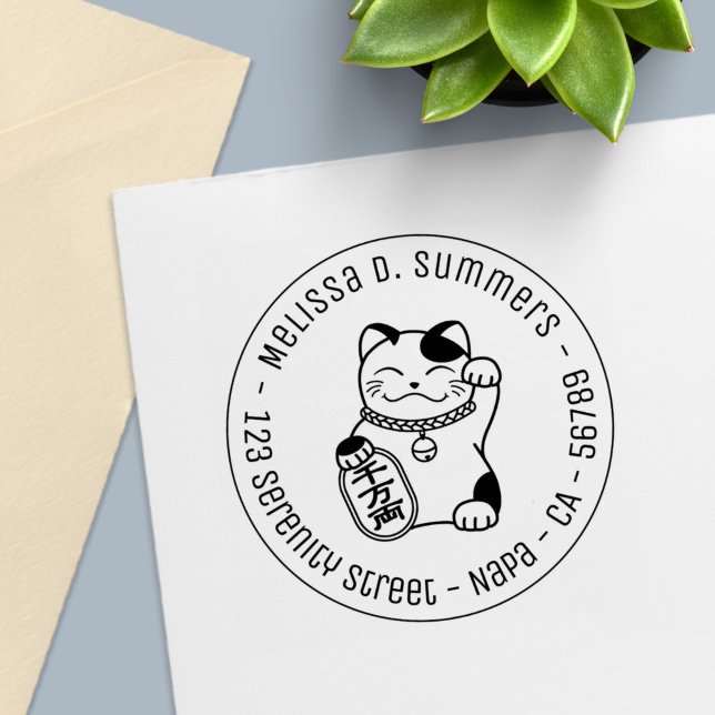 Maneki Neko Japanese Lucky Cat Round Address Self-inking Stamp (Creator Uploaded)