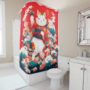 Maneki-Neko, Japanese Lucky Cat Shower Curtain