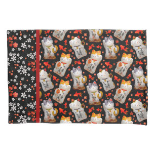Maneki Neko Japanese Waving Lucky Cat with Koi Pillowcase